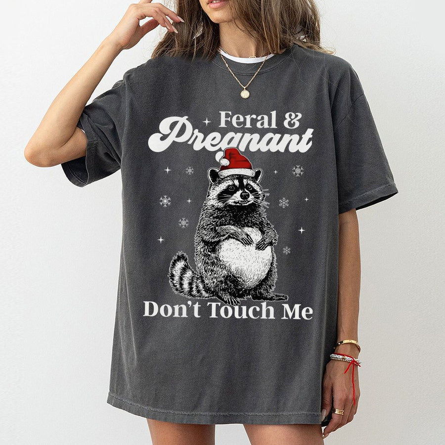 Feral and Pregnant T-Shirt | Funny Christmas Raccoon Graphic | 100% Cotton Premium Quality | Maternity Holiday Humor Gift for Expecting Mom