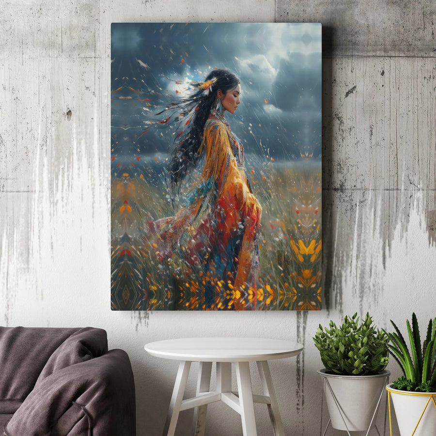 Native American Woman Wall Art | Spiritual Stormy Field Design | Gallery-Quality Canvas Print | Indigenous Culture Home Decor Gift