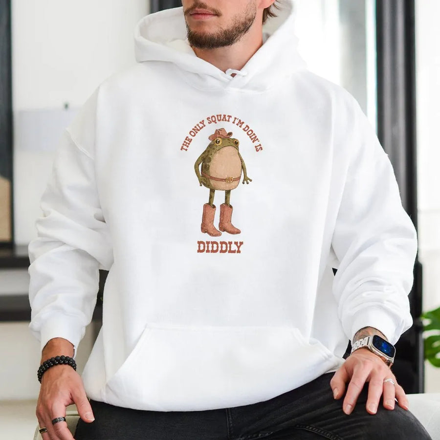Funny Cowboy Frog Hoodie | The Only Squat Is Diddly Quote | Soft Graphic Sweatshirt | Sarcastic Western Humor, Lazy Gym Gift