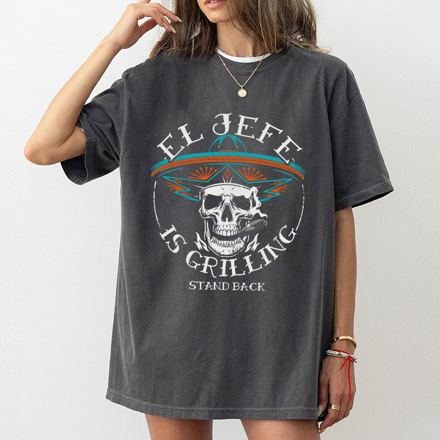 El Jefe Is Grilling T-Shirt | Funny Skull With Sombrero Graphic | 100% Premium Cotton | BBQ Lover Gift For Men And Women