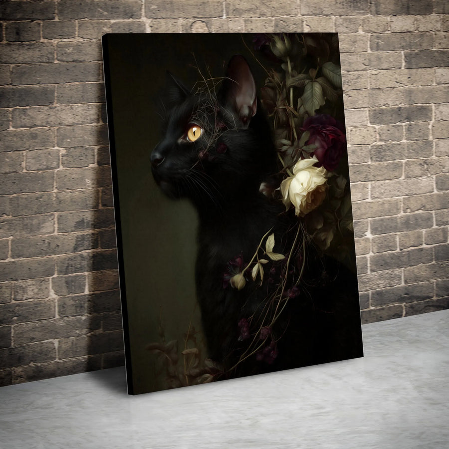 Gothic Black Cat Canvas Art | Moody Floral Spiderweb Portrait | Premium Gallery Wrapped Wall Decor | Dark Academia Witchy Gift for Cat Lovers