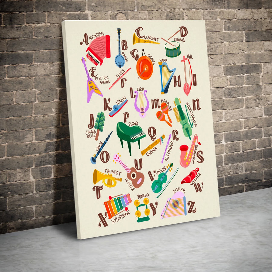 Musical Instrument Alphabet Vertical Canvas | Educational ABC Learning Chart | Premium Gallery Wrap Canvas | Gift for Kids Room & Nursery Decor