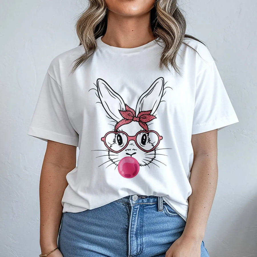 Cute Easter Bunny T-Shirt | Bubble Gum Rabbit With Heart Glasses | Premium 100% Cotton Tee | Fun Spring Holiday Gift For Women And Kids
