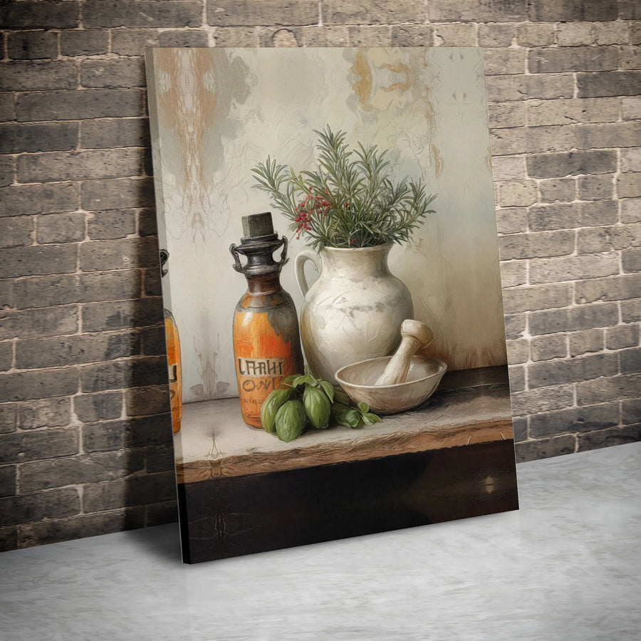 Vintage Apothecary Still Life Canvas | Herbal Kitchen Wall Art | Premium Gallery Wrapped Decor | Gift for Chef or Herb Enthusiast