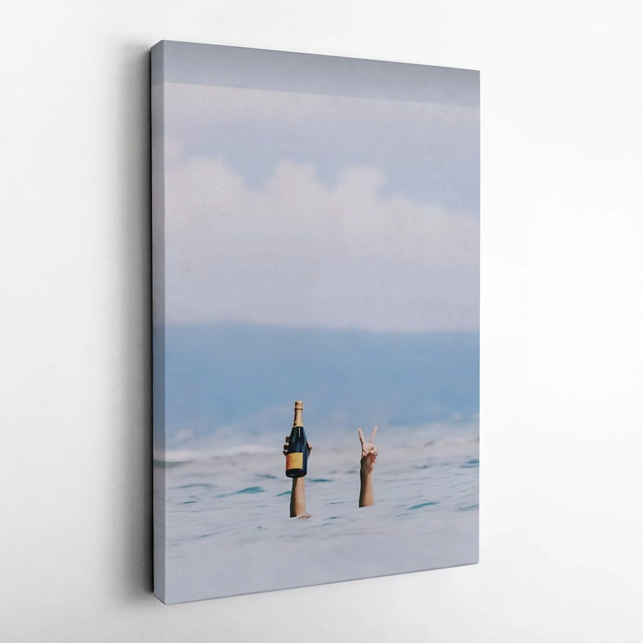 Ocean Champagne Celebration Canvas Print | Peace Sign Beach Photography | Premium 1.25-Inch Thick Gallery Wrap | Modern Home Decor Gift