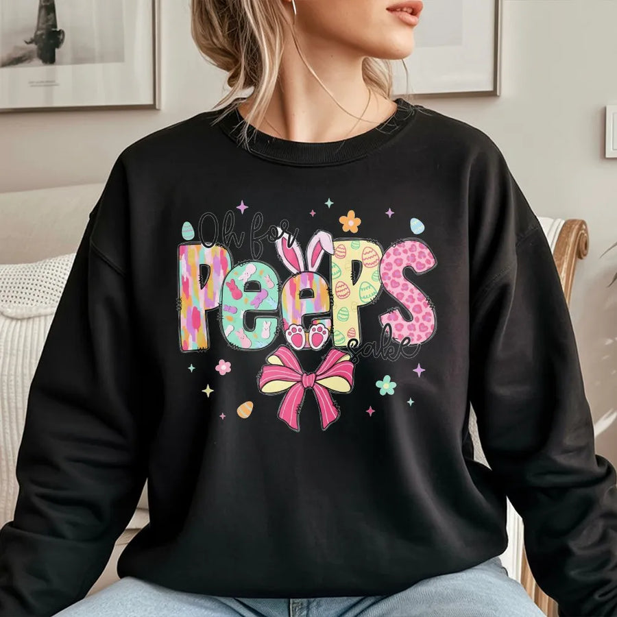 Oh For Peeps Sake Sweatshirt | Cute Pastel Easter Bunny Graphic | Premium Cotton Blend Crewneck | Funny Spring Holiday Gift For Women