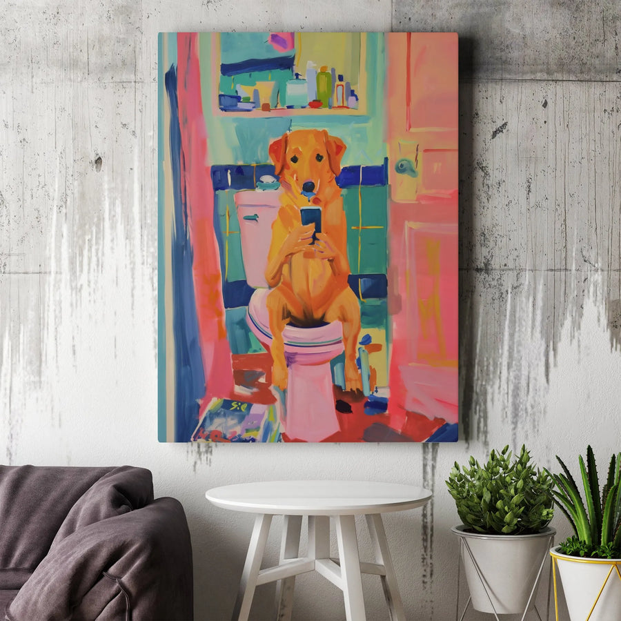 Golden Retriever Canvas Wall Art | Funny Dog Sitting on Toilet Phone Painting | Premium Gallery Wrap Print | Whimsical Bathroom Home Decor