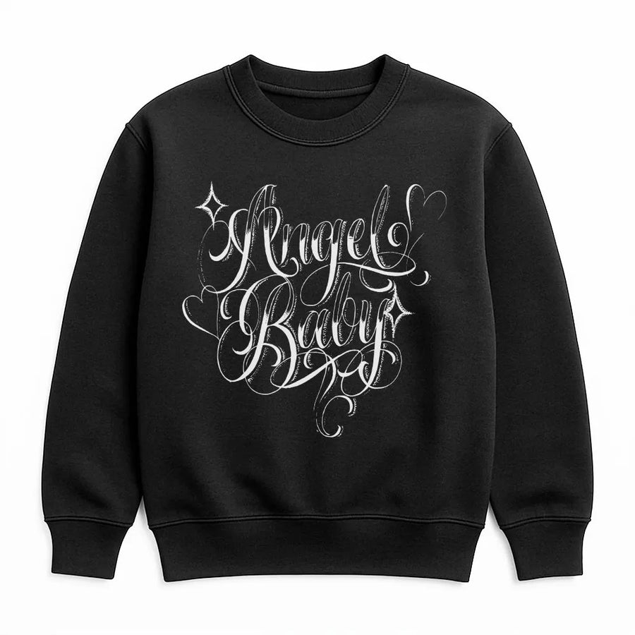 Chicano Angel Baby Sweatshirt | Tattoo Style Script Lettering | Premium Cotton Graphic Tee | Cholo Chola Streetwear Gift