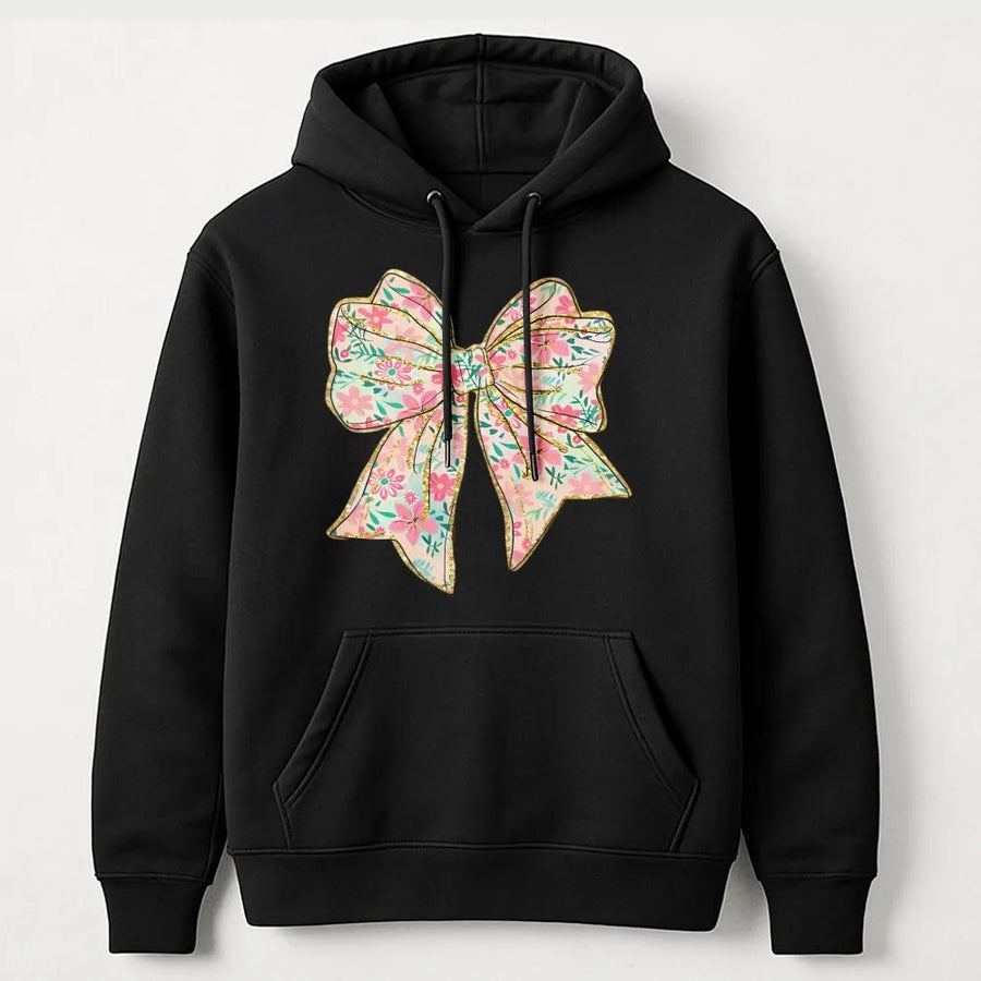 Coquette Bow Hoodie | Aesthetic Floral Ribbon Graphic | Soft Cotton-Polyester Blend | Trendy Unisex Pullover Gift for Her