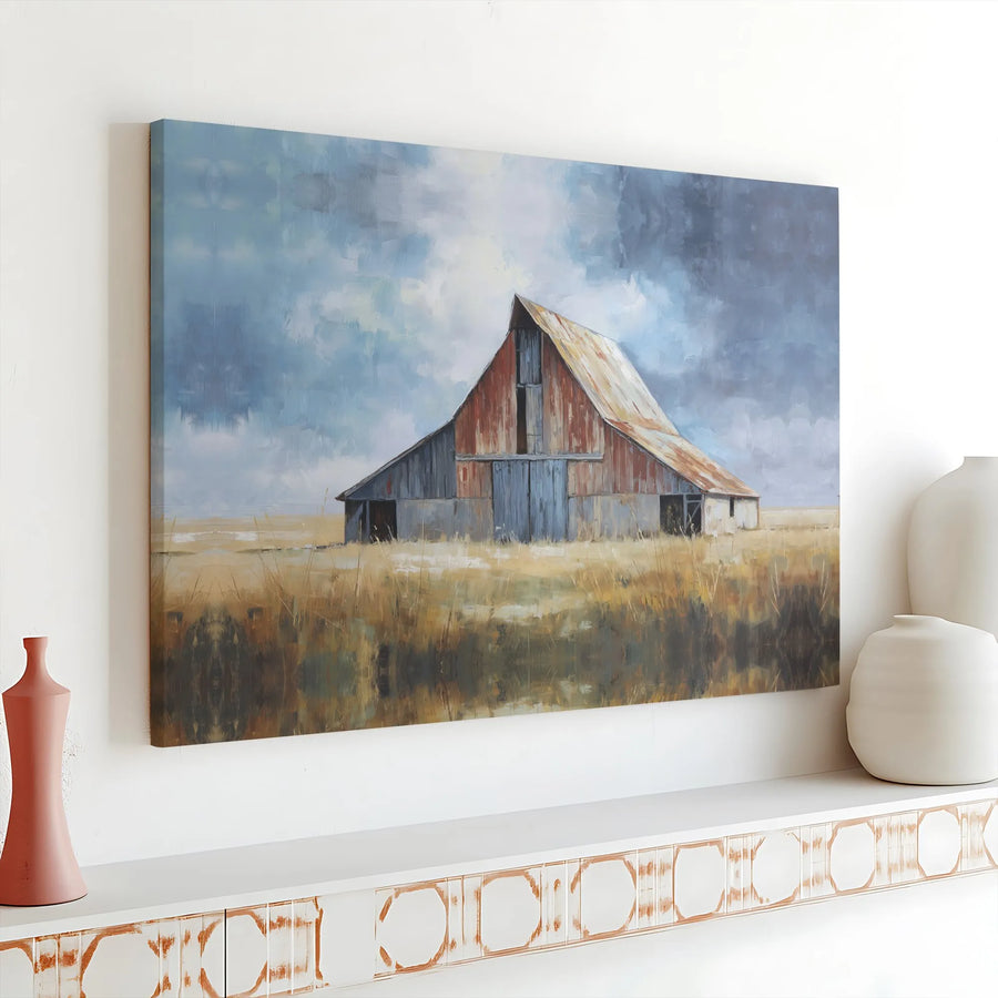 Rustic Farmhouse Barn Horizontal Canvas | Vintage Country Landscape Painting | 1.25" Thick Gallery Wrap Wall Art | Cozy Cottage Living Room Decor Gift