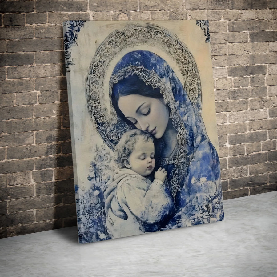 Madonna and Child Canvas Wall Art | Blue and White Virgin Mary Portrait | Premium Fade-Resistant Religious Decor | Catholic Gift for Home Office