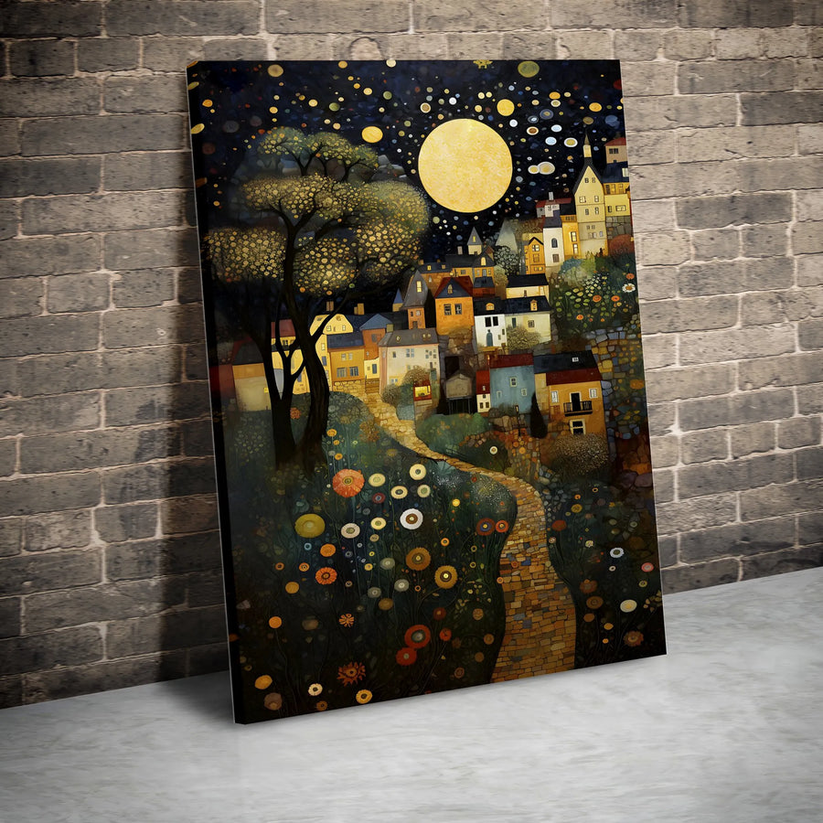 Celestial Village Canvas Wall Art | Starry Night Full Moon Painting | Premium Thick Gallery Wrap Canvas | Bohemian Home Decor Collector's Gift