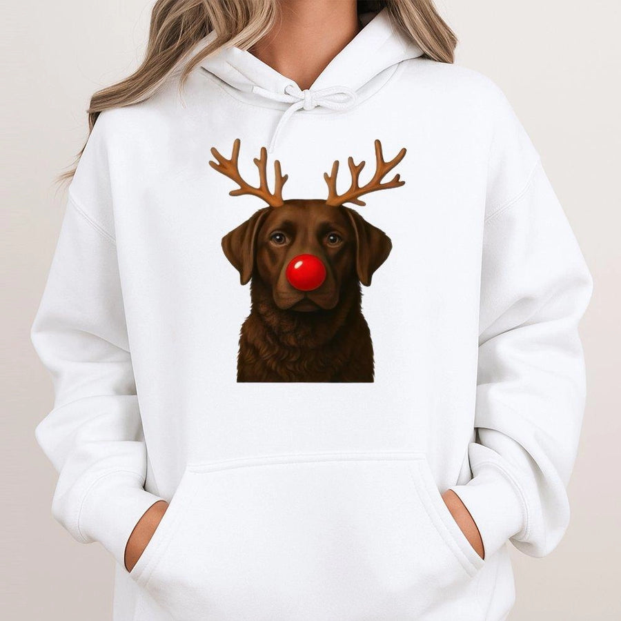 Chocolate Lab Christmas Hoodie | Reindeer Antlers Red Nose Dog Design | Premium Cotton Blend | Funny Holiday Gift For Dog Lovers