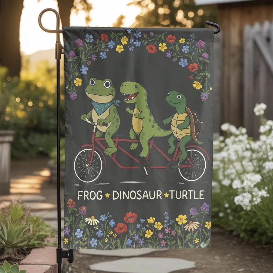 Frog Dinosaur Turtle Garden Flag | Whimsical Animal Friends on Bicycle with Wildflowers | Double Sided Polyester | Unique Yard & Patio Decor Gift