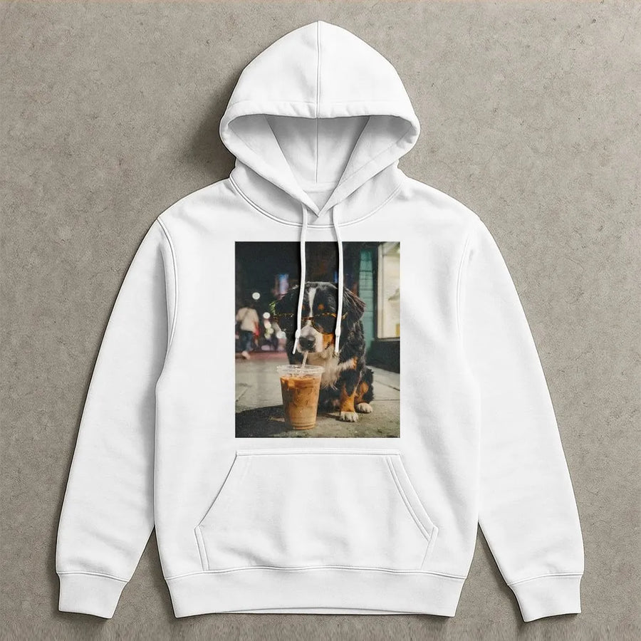 Cool Bernese Mountain Dog Hoodie | Dog with Sunglasses Drinking Iced Coffee | Premium Graphic Tee | Gift for Dog Lover & Coffee Addict