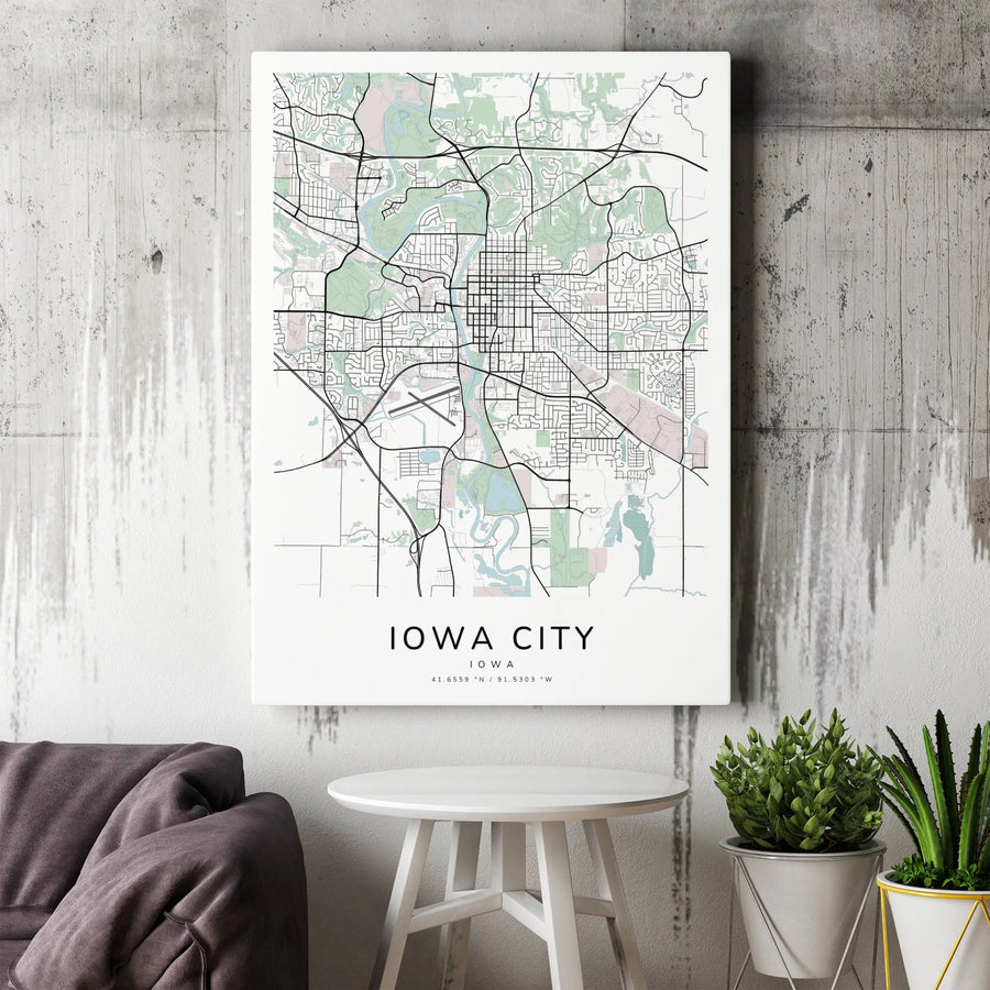 Iowa City Map Canvas Print | Minimalist Street Map Wall Art with Coordinates | Premium Gallery Wrapped | Housewarming Gift for Iowa Residents