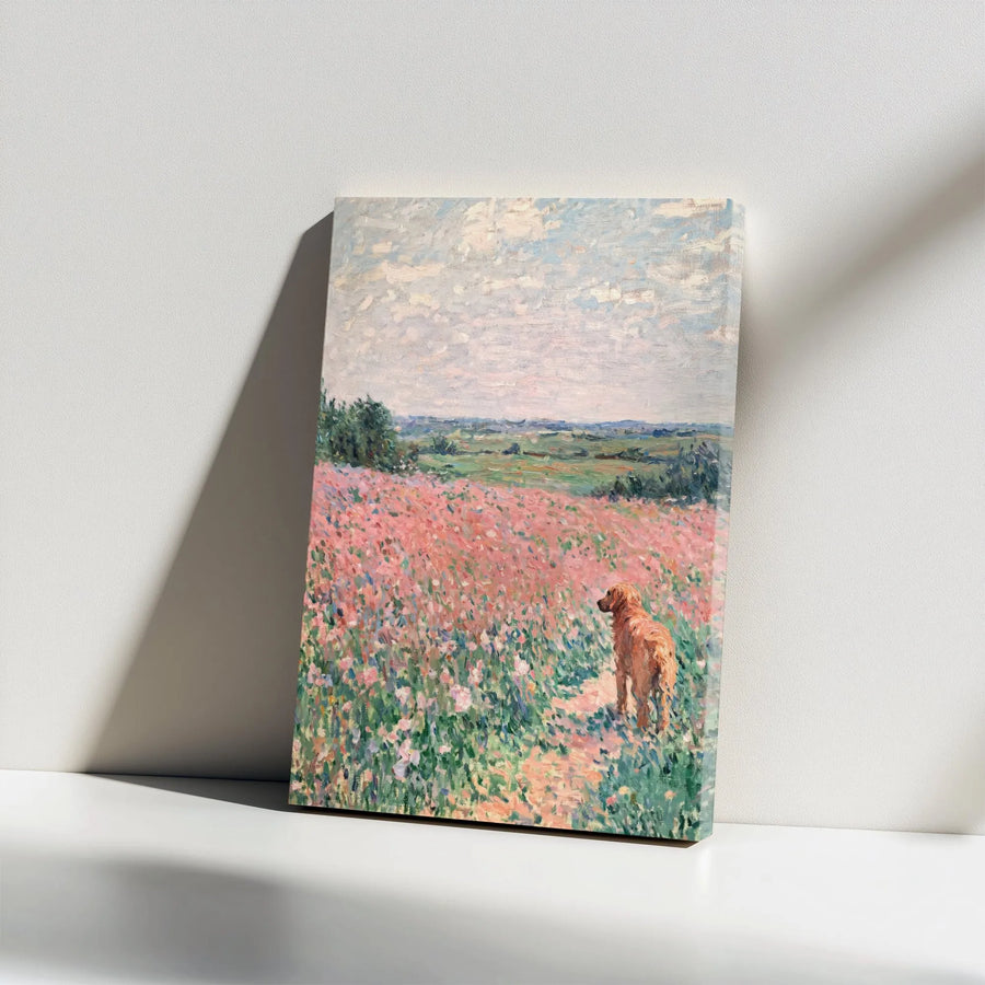 Golden Retriever Canvas Wall Art | Impressionist Floral Meadow Landscape | Premium Gallery Wrap Print | Dog Lover Home Decor Gift