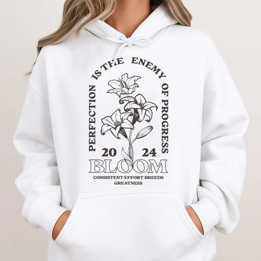 Inspirational Pump Cover Hoodie | Perfection vs Progress Quote with Floral Design | Premium Cotton-Blend | Motivational Gym Gift for Her