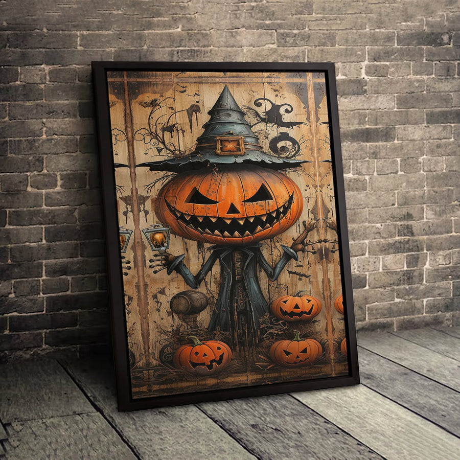 Spooky Pumpkin Scarecrow Canvas Art | Halloween Witch Hat Wall Decor | Premium 1.25" Thick Gallery Wrap | Spooky Home Gift for Halloween Lovers