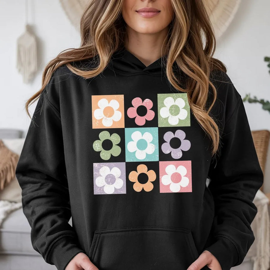 Retro Floral Grid Hoodie | Vintage 70s Boho Flower Graphic | Soft 100% Cotton Tee | Aesthetic Summer Gift for Her
