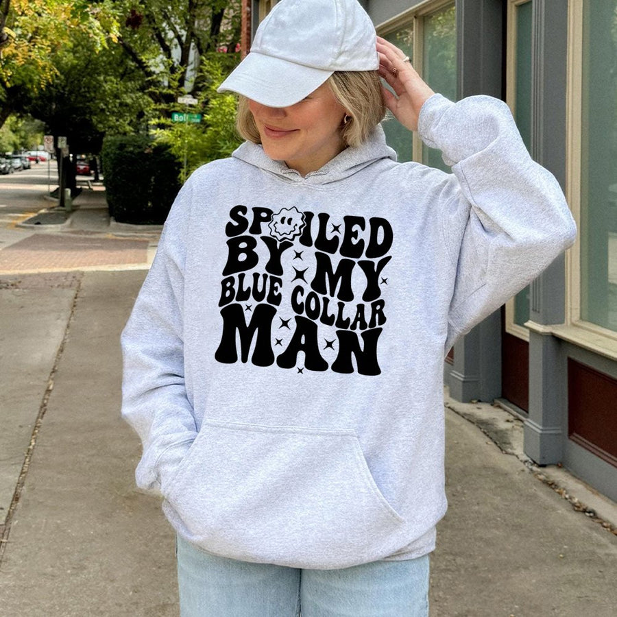 Spoiled By My Blue Collar Man Hoodie | Trendy Retro Aesthetic Graphic | Premium Cotton-Blend | Gift For Girlfriend Or Wife