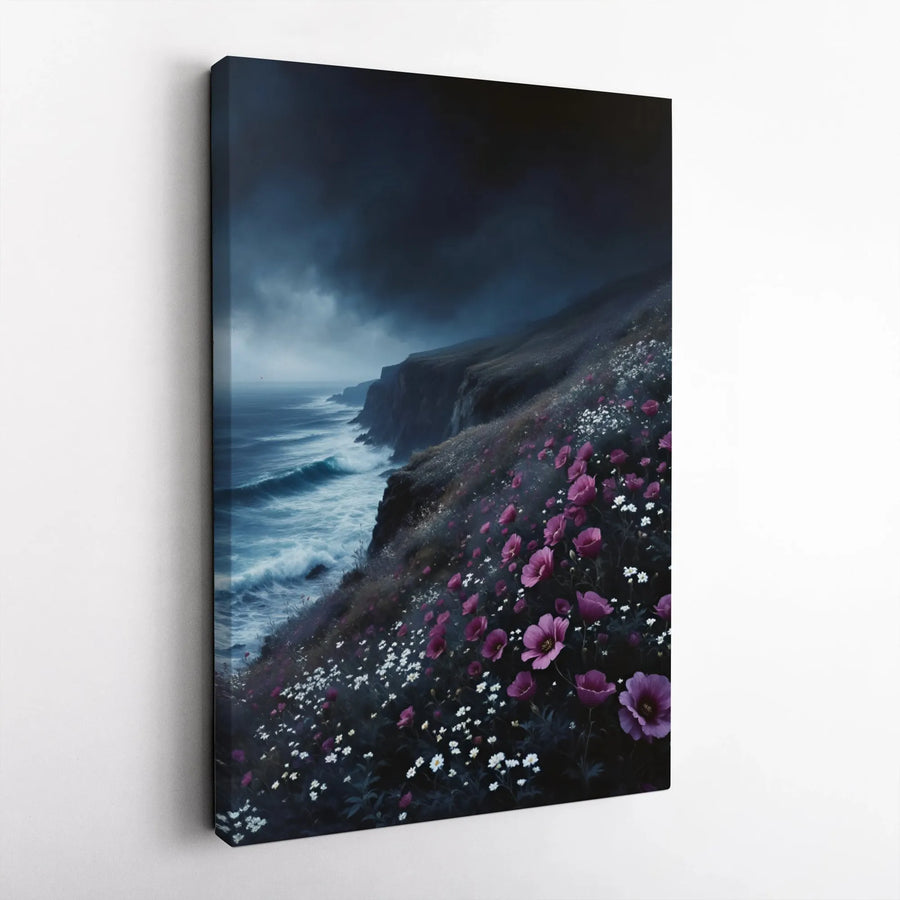 Stormy Ocean Cliff Canvas Print | Moody Coastal Landscape with Wildflowers | Premium Gallery-Wrapped Art | Modern Home & Office Wall Decor