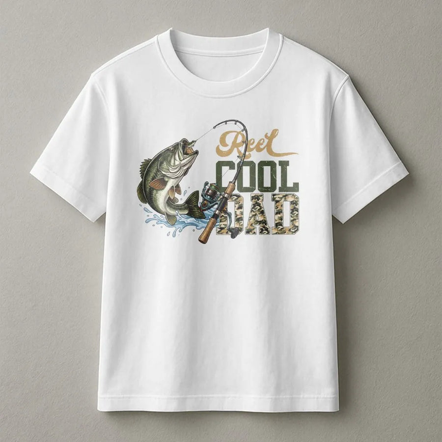 Reel Cool Dad Fishing T-Shirt | Bass Fish & Rod Graphic | Premium Cotton Blend | Gift for Fisherman Dad