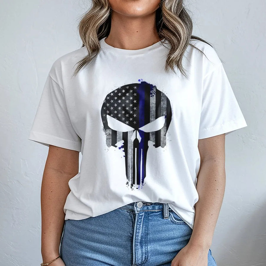 Thin Blue Line Skull T-Shirt | American Flag Law Enforcement Graphic | Premium Soft Cotton | Gift For Police Officers And Supporters