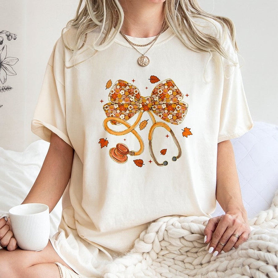 Nurse Stethoscope T-Shirt | Floral Bow Fall Design | 100% Cotton Premium Tee | Gift for Doctors, Nursing Students & Medical Staff