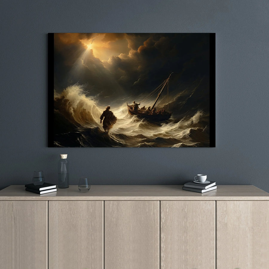 Jesus Walking On Water Canvas | Biblical Storm At Sea Wall Art | Premium 1.25" Gallery Wrap | Religious Christian Home Decor Gift