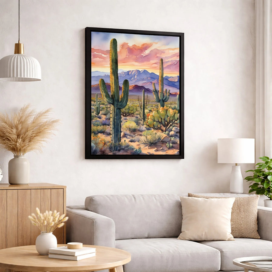 Watercolor Desert Landscape Canvas | Saguaro Cactus & Mountain Sunset Art | Premium 1.25” Gallery Wrap | Southwest Home Decor Gift