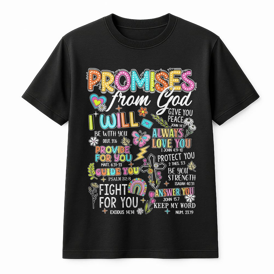 Promises From God Bible Verse T-Shirt | Colorful Scripture Faith Design | Premium 100% Cotton Apparel | Inspirational Christian Gift for Women