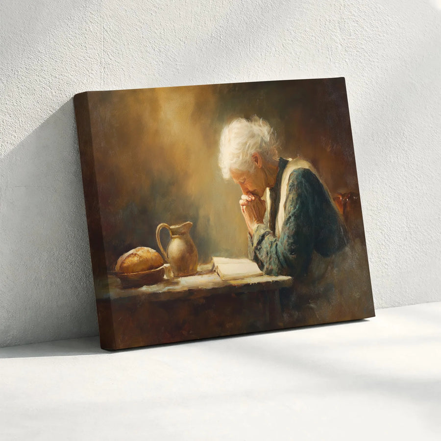 Christian Canvas Wall Art | Elderly Woman Praying 'Grace' Painting | Premium Fade-Resistant Print | Religious Kitchen & Dining Room Decor Gift