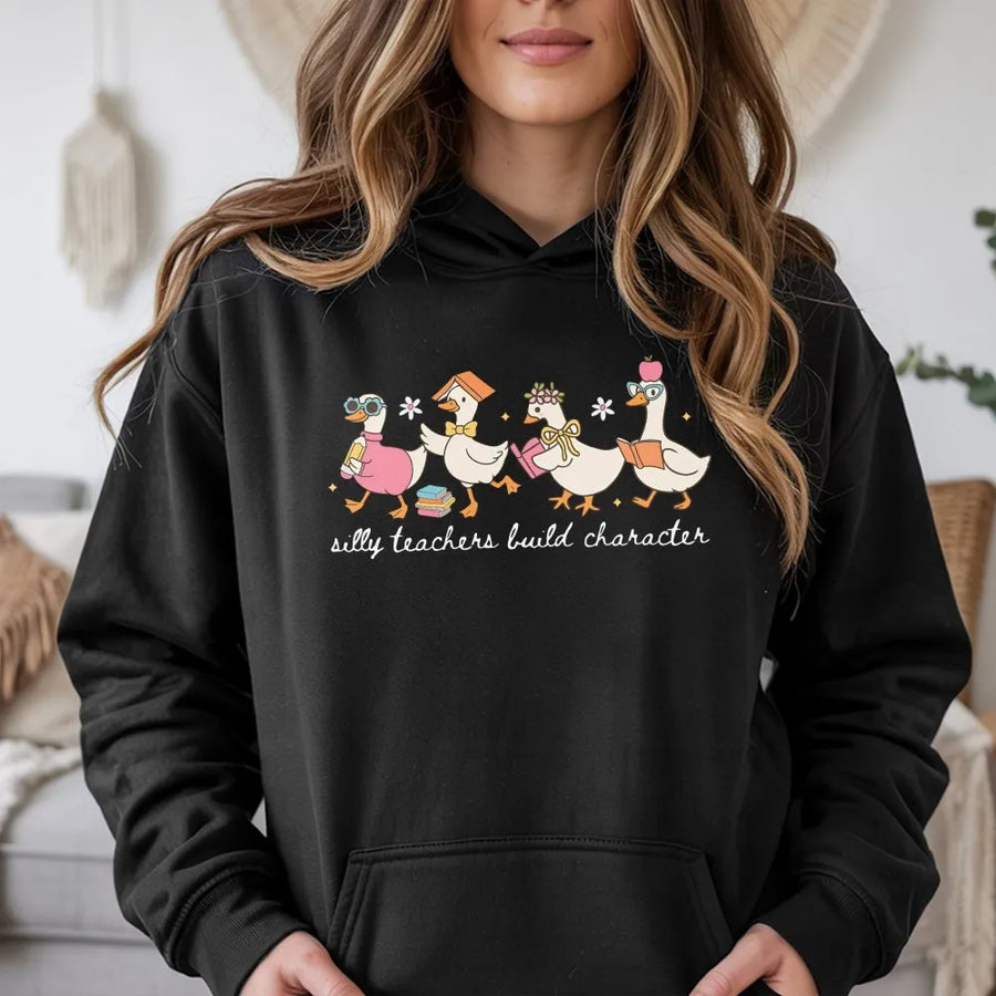 Silly Goose Teacher Hoodie | 'Silly Teachers Build Character' Graphic | Soft Cotton-Blend Pullover | Teacher Appreciation Gift for Educators