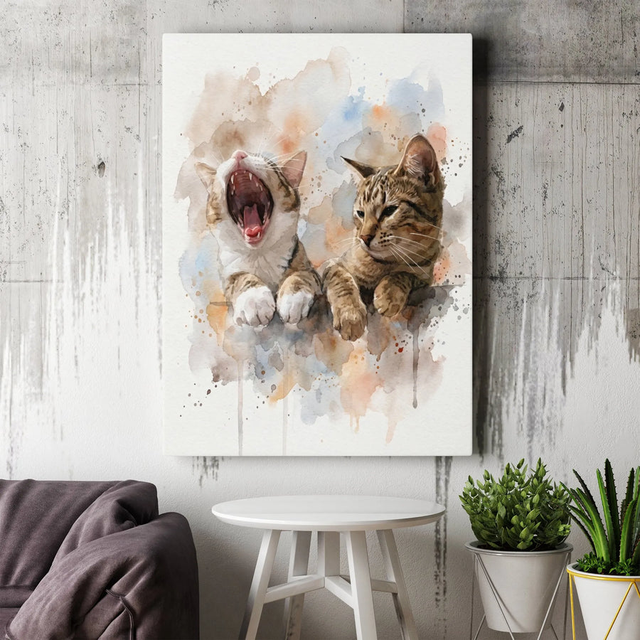 Two Tabby Cats Canvas Print | Watercolor Yawning Kittens Wall Art | Gallery-Wrapped Premium Decor | Unique Animal Lover Gift for Home Office