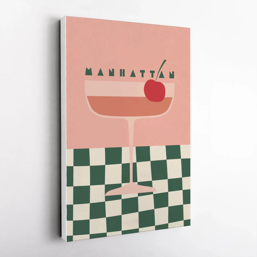 Manhattan Cocktail Wall Art | Retro Checkerboard Bar Cart Print | Premium 1.25" Thick Canvas | Unique Gift for Cocktail Lover