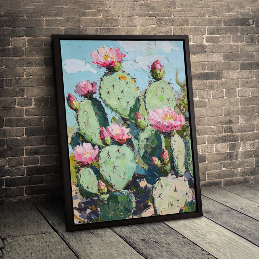 Prickly Pear Cactus Wall Art | Impasto Floral Canvas Print | Gallery-Quality Thick Profile | Southwest Desert Home Decor Gift