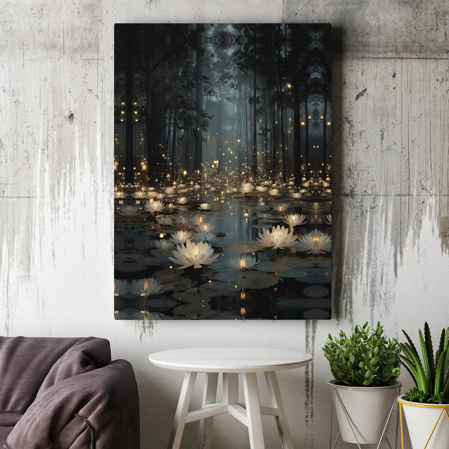 Mystical Forest Canvas Wall Art | Glowing Water Lilies Pond Scene | Premium Fade-Resistant Print | Enchanted Nature Home Decor Gift