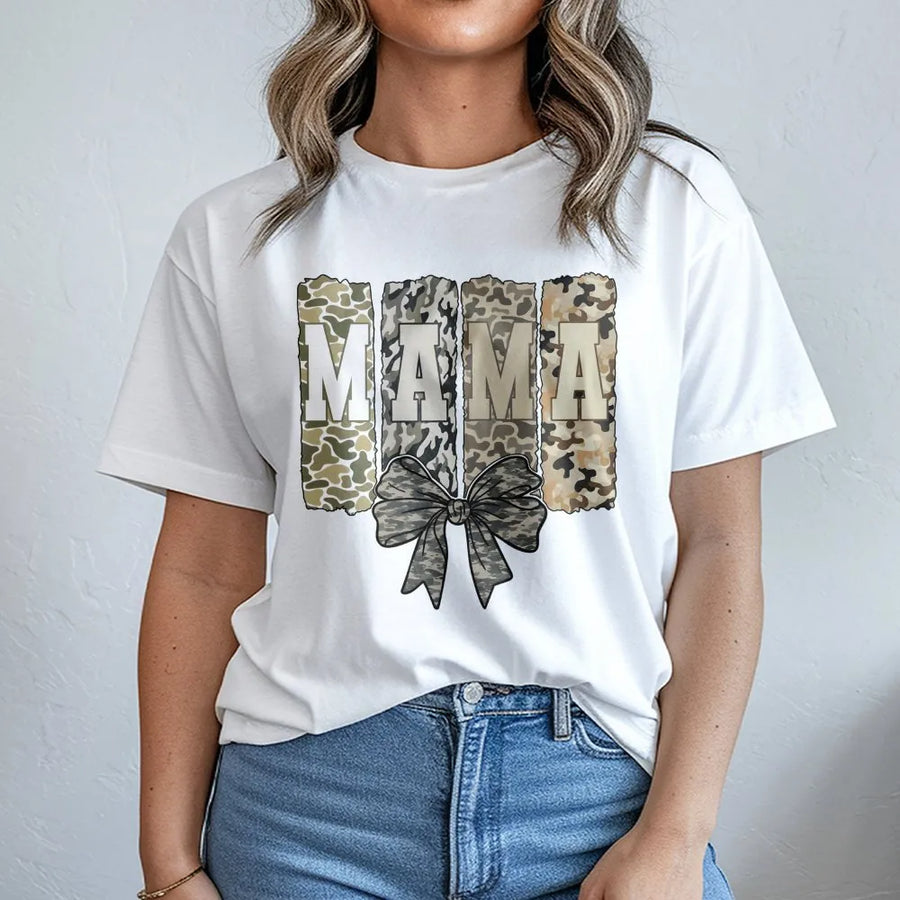 Mama Camo Bow T-Shirt | Trendy Coquette Aesthetic Graphic Tee | Premium Soft Cotton | Mother's Day 2026 Gift for Mom and Wife