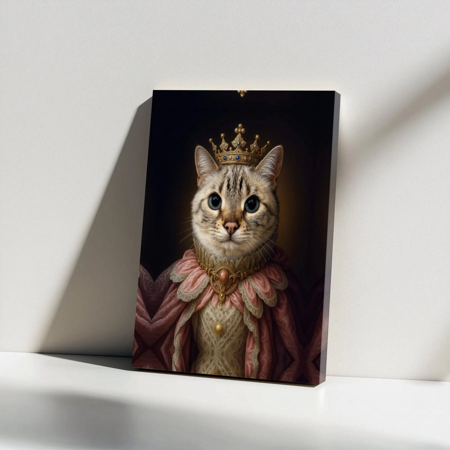 Royal Queen Tabby Cat Portrait Canvas | Regal Pet Wall Art in Pink Gown | Premium Gallery Wrapped Decor | Unique Gift for Cat Lovers