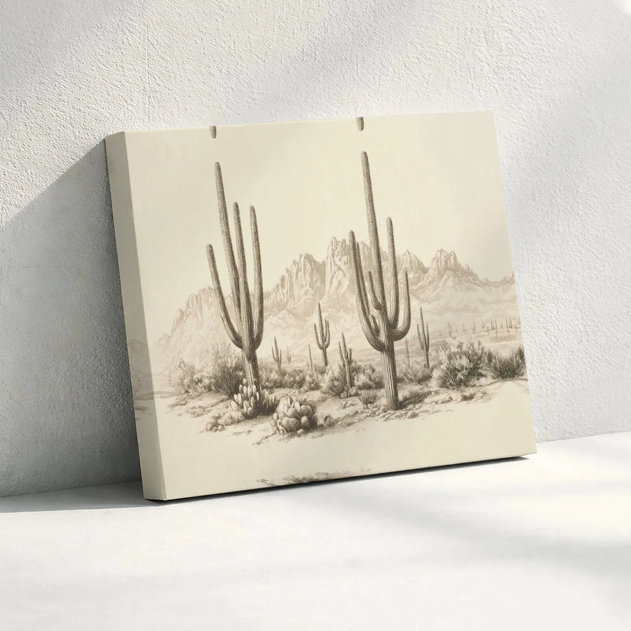 Desert Landscape Canvas Wall Art | Vintage Saguaro Cactus Sketch | Premium 1.25-Inch Gallery Wrap | Southwestern Home Decor Gift
