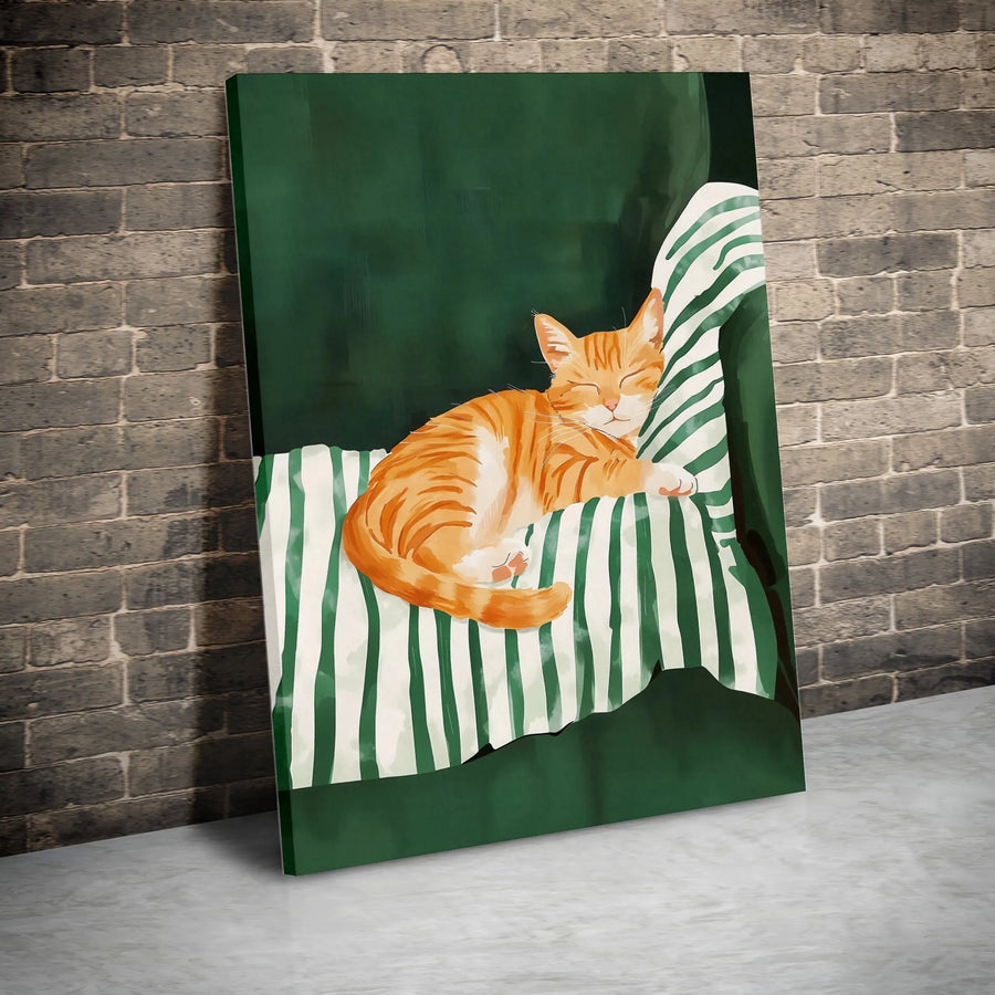 Sleeping Orange Tabby Cat Wall Art | Cozy Botanical Illustration | Premium Gallery Wrapped Canvas | Gift For Cat Lovers And Home Decor Enthusiasts
