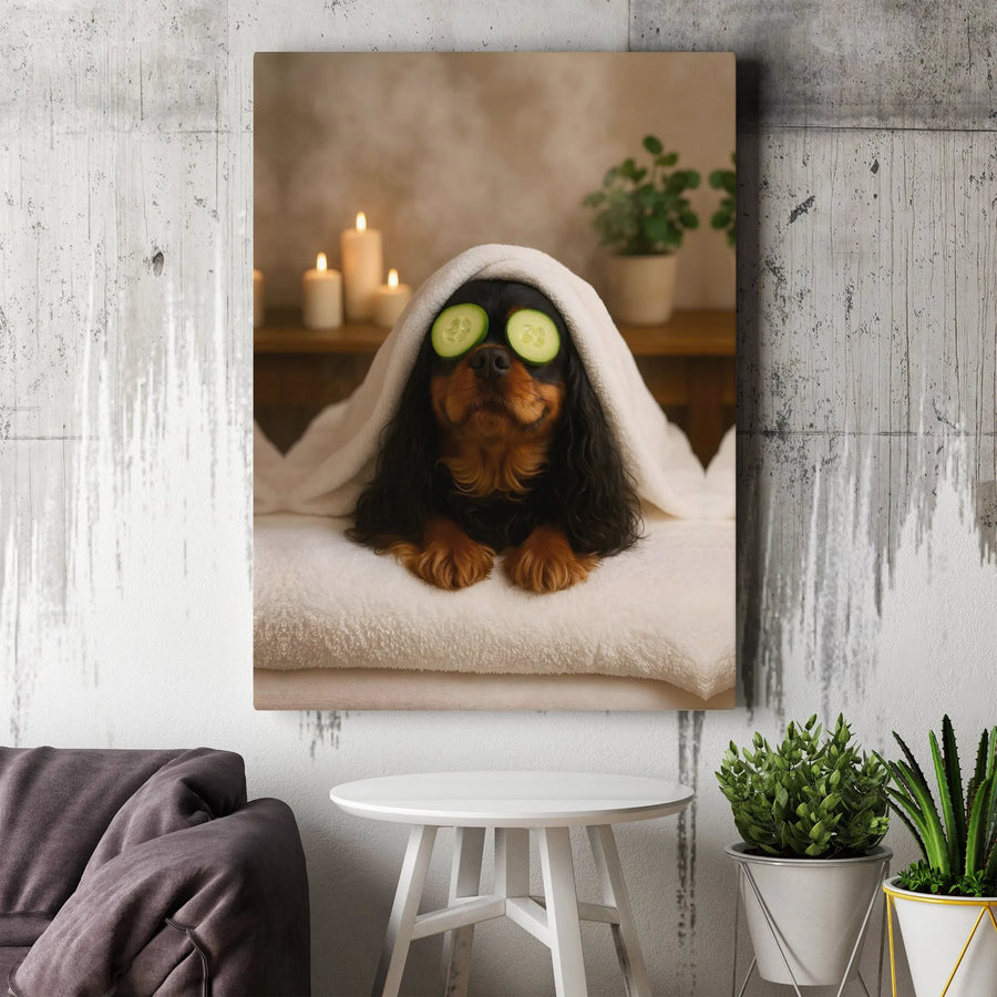 Cavalier King Charles Spaniel Canvas Wall Art | Funny Dog Spa Day Print with Cucumber Eyes | Premium Gallery Wrap Decor | Unique Gift for Dog Lovers