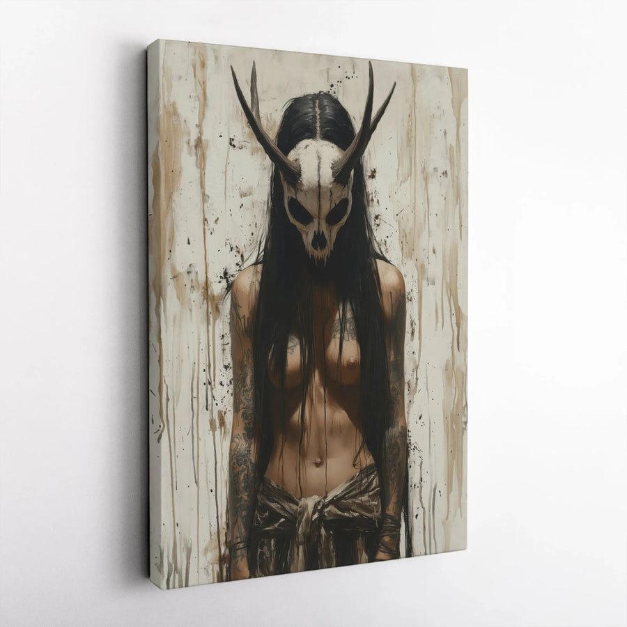 Dark Goddess Wall Art | Horned Skull Mask Gothic Portrait | Premium Gallery-Wrap Canvas | Occult Home Decor Gift for Her
