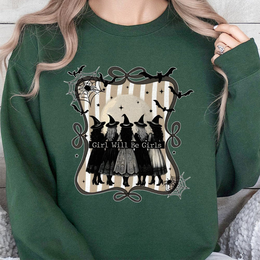 Witch Squad Halloween Sweatshirt | Girls Will Be Girls Graphic Print | Premium Cotton Blend | Spooky Fall Outfit for Women & Witchy Friends