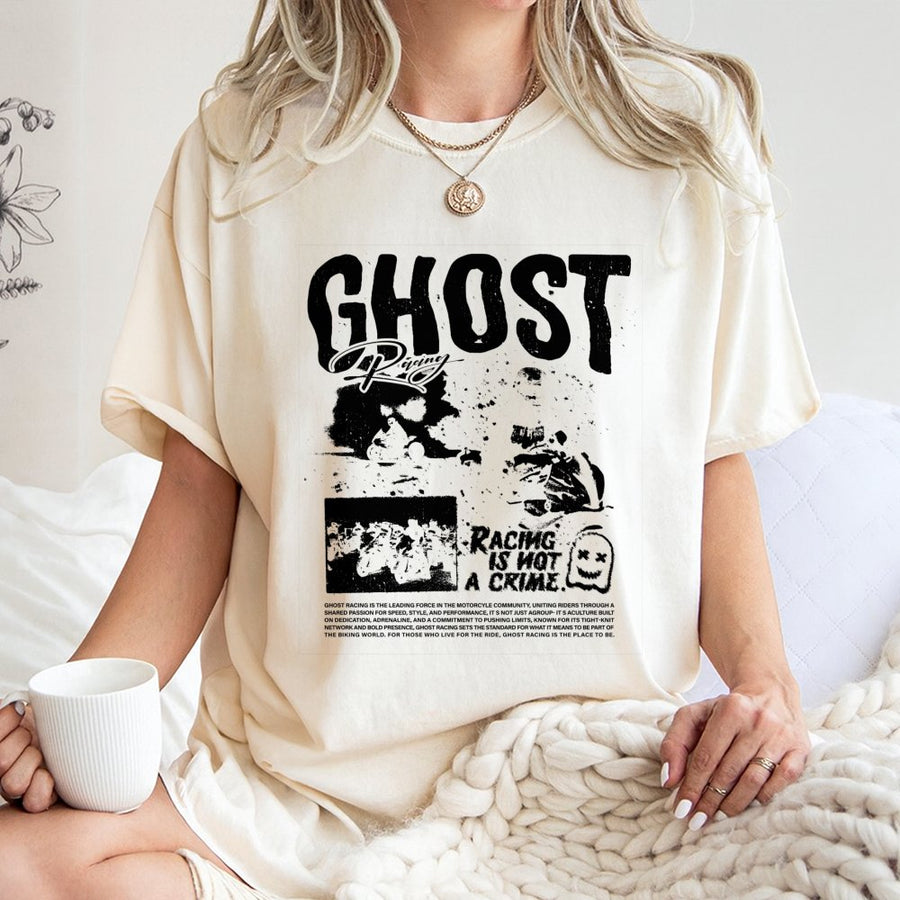 Ghost Racing T-Shirt | Racing Is Not A Crime Graphic Tee | 100% Cotton Biker Moto Apparel | Streetwear Gift For Motorcycle Riders And Enthusiasts