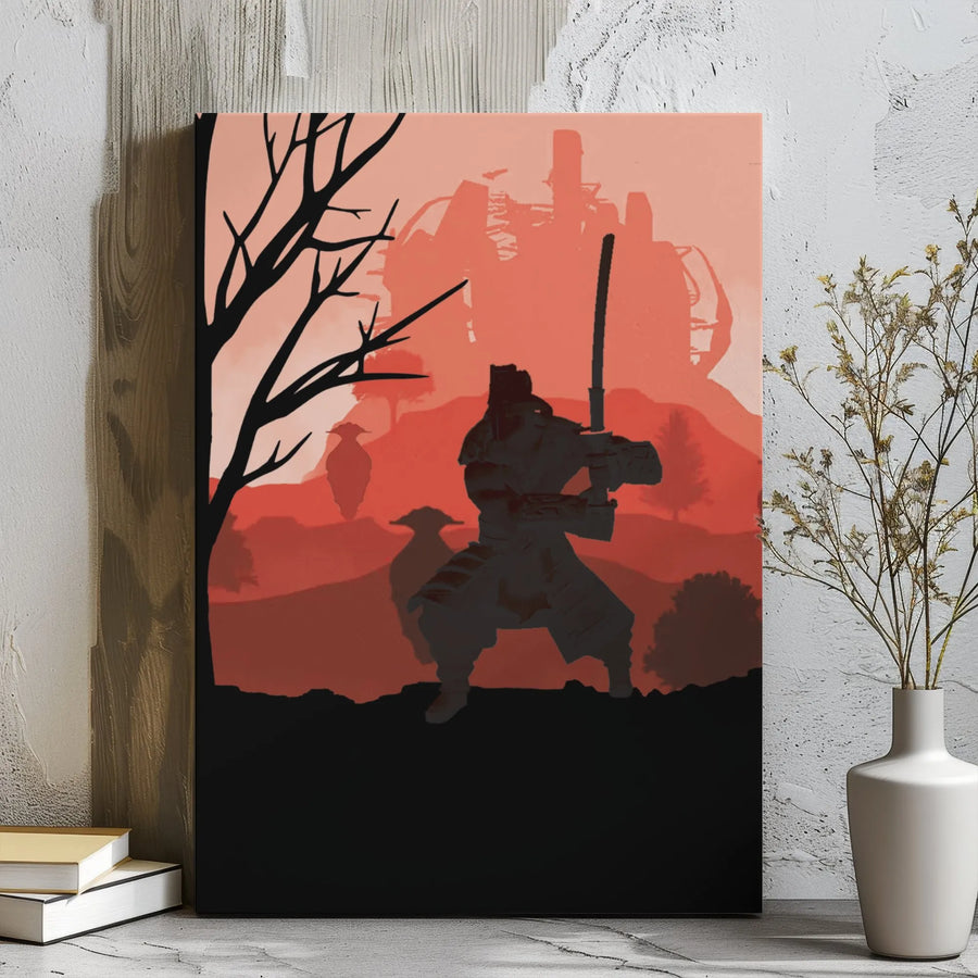 Samurai Warrior Canvas Wall Art | Red Japanese Landscape Silhouette | Premium Gallery Wrap Print | Zen Home Office Decor Gift