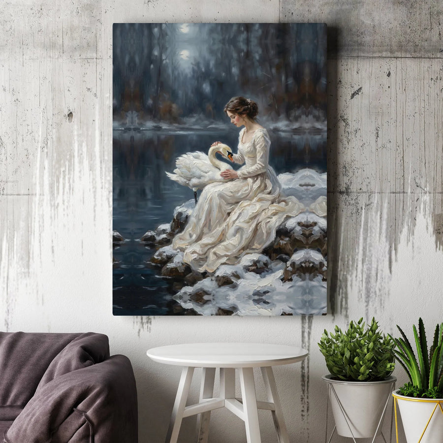 Woman With Swan Canvas Art | Snowy Winter Forest Landscape | Premium Fade-Resistant Print | Ethereal Nature Home Decor Gift
