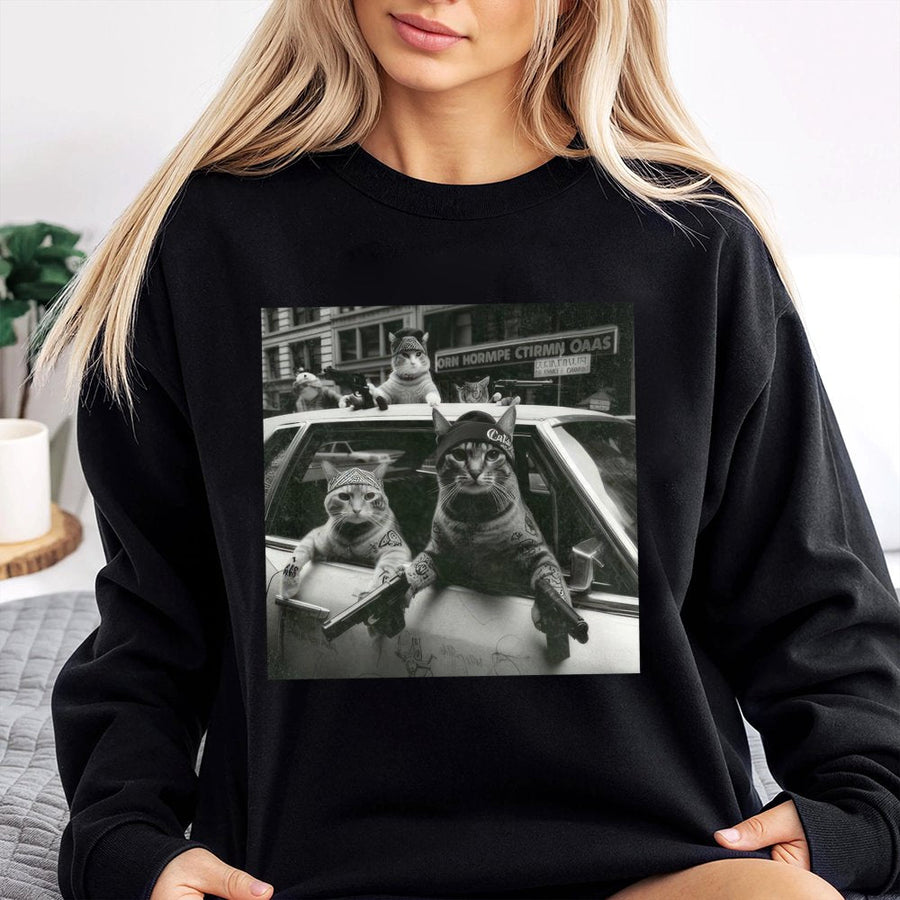 Funny Cat Gang Sweatshirt | Retro Streetwear Graphic Design | Premium Cotton-Poly Blend | Humorous Meme Apparel Gift for Cat Lovers