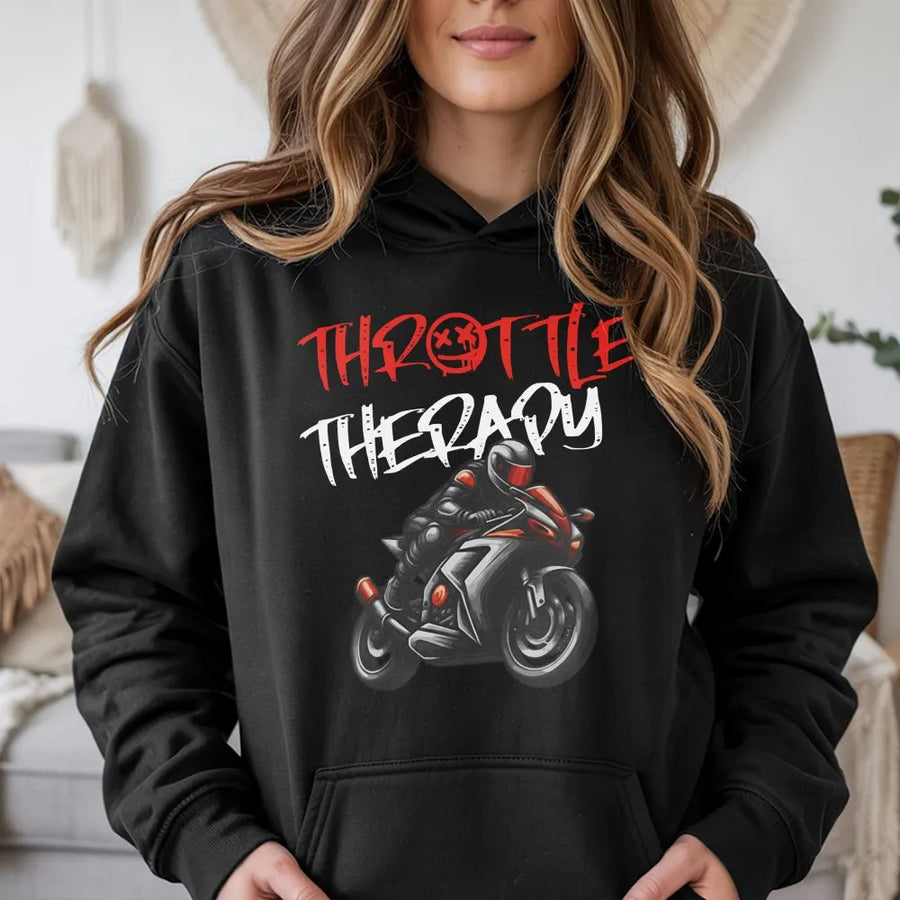 Throttle Therapy Motorcycle Hoodie | Biker Riding Graphic Pullover | Premium Cotton Blend | Gift for Him, Biker Enthusiasts & Rider Mental Health